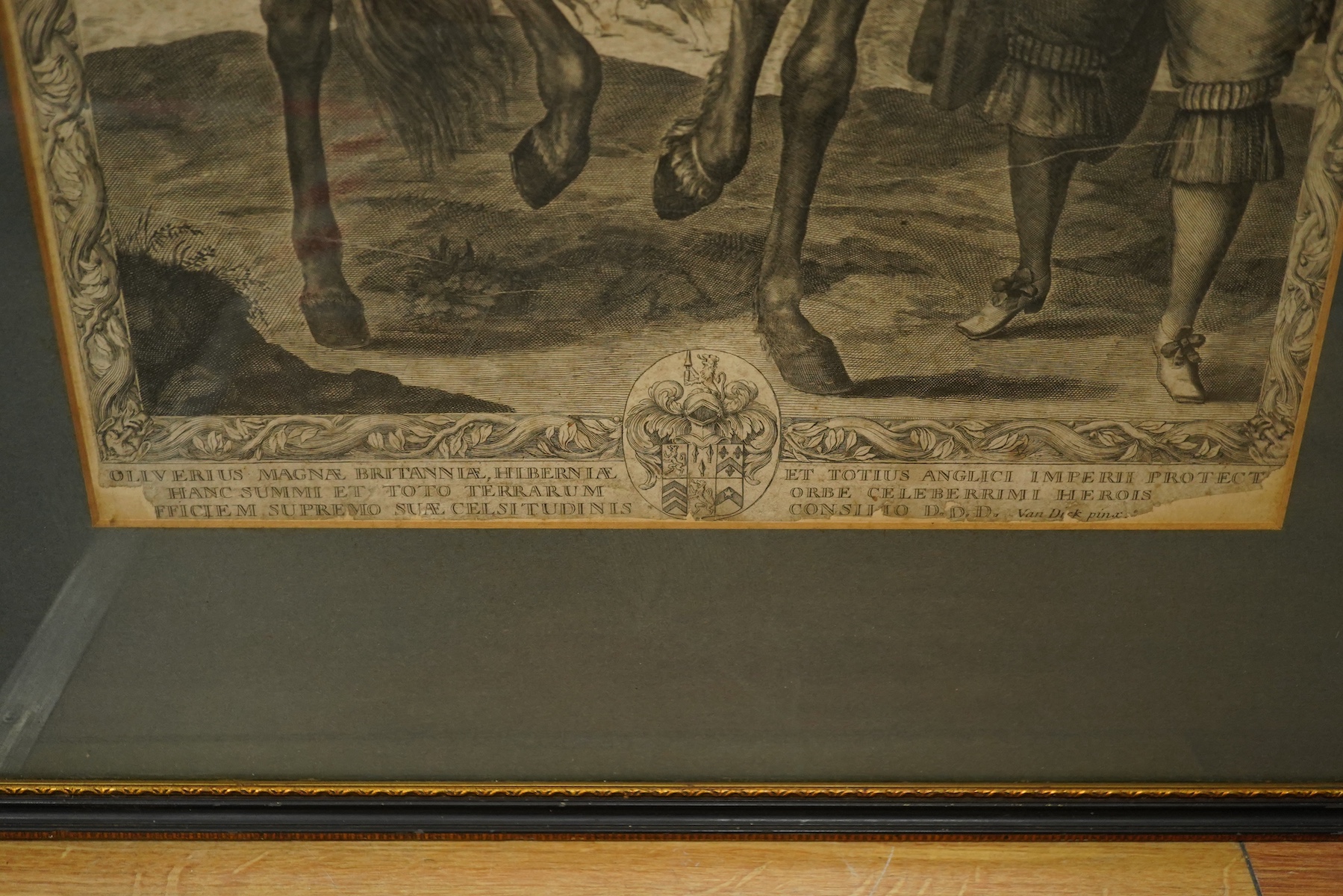 After Anthony Van Dyck (1599-1641), engraving, Oliver Cromwell on horseback, 54 x 34cm. Condition - fair considering age